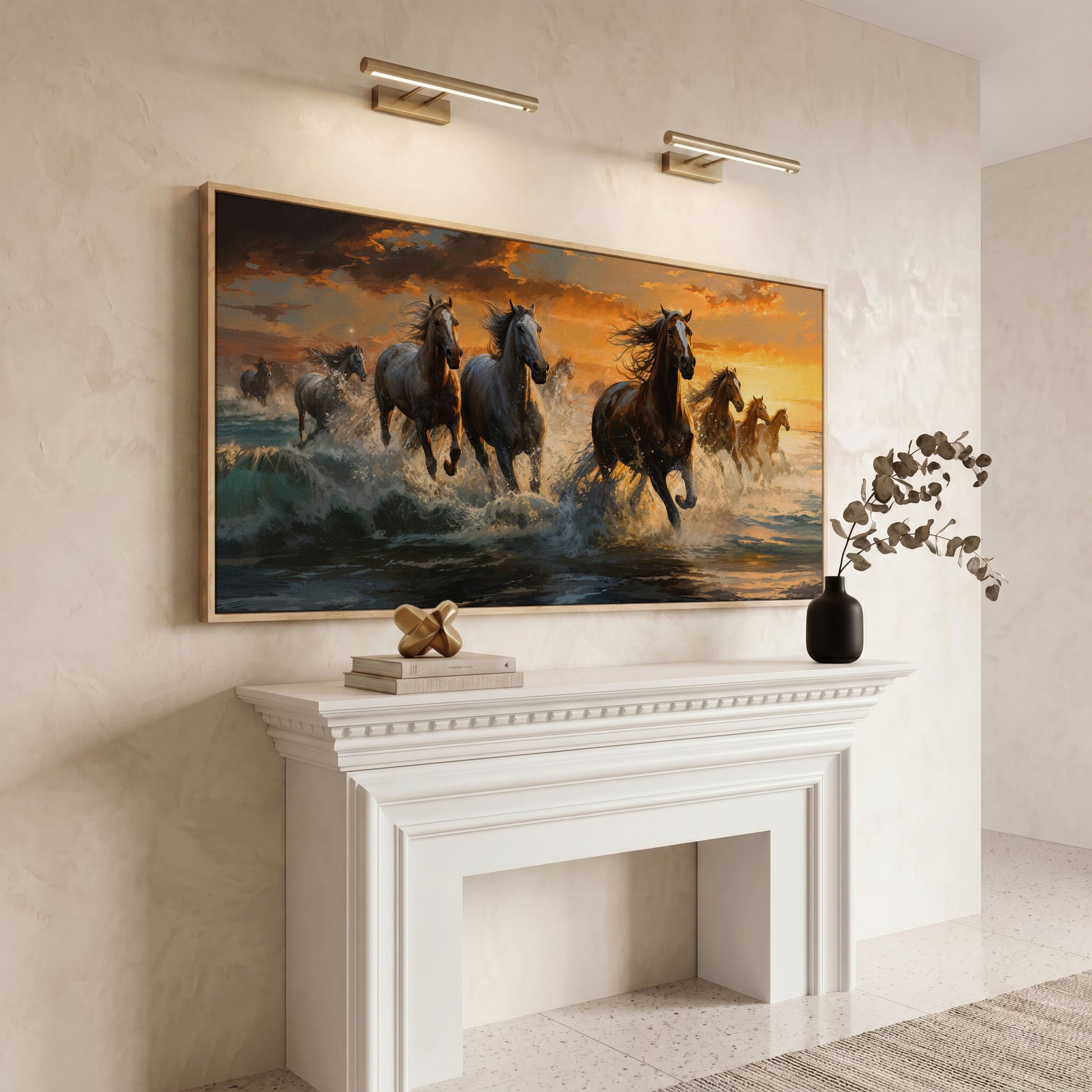 Horses Running on Beach Canvas in white oak floating frame