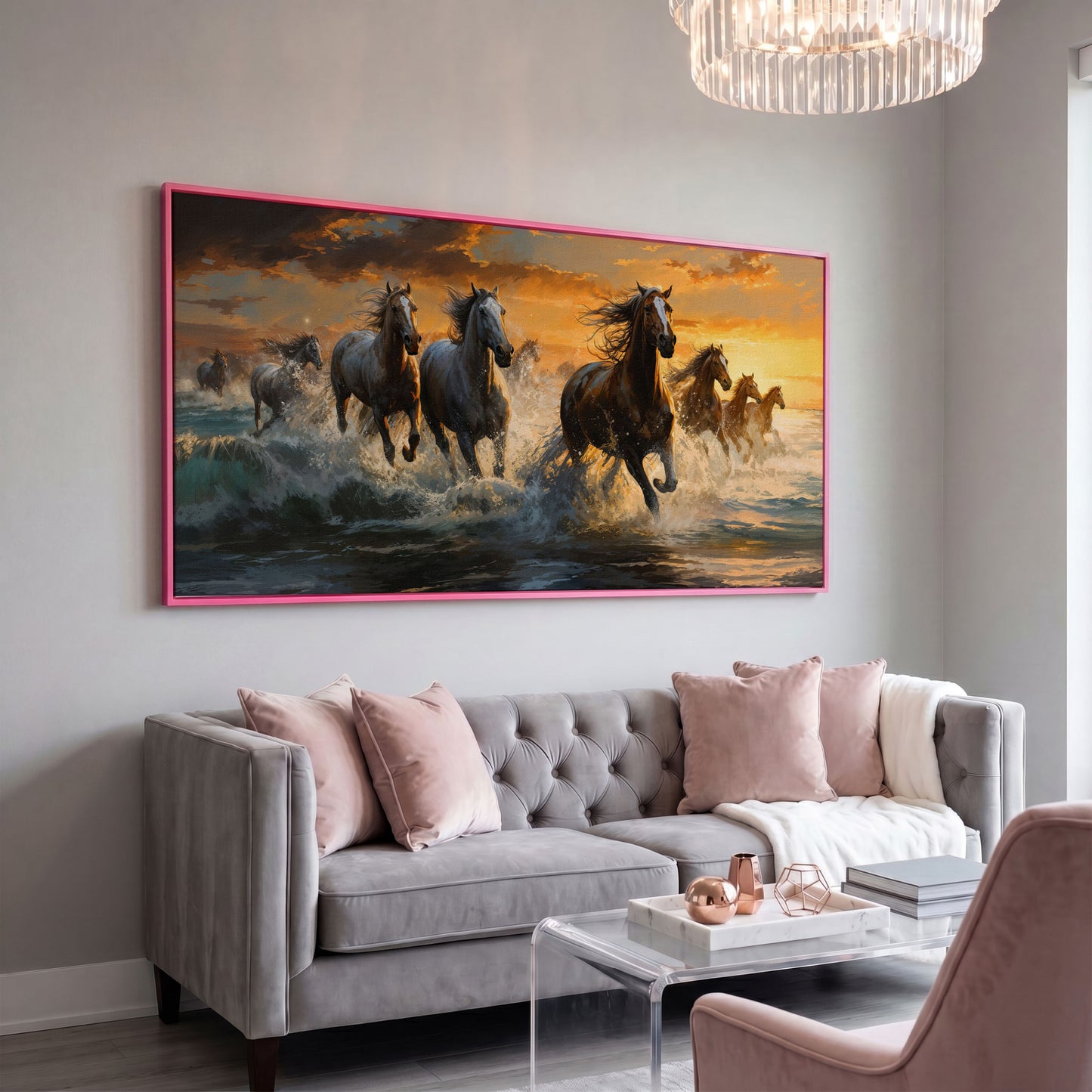Horses Running on Beach Canvas in pink floating frame
