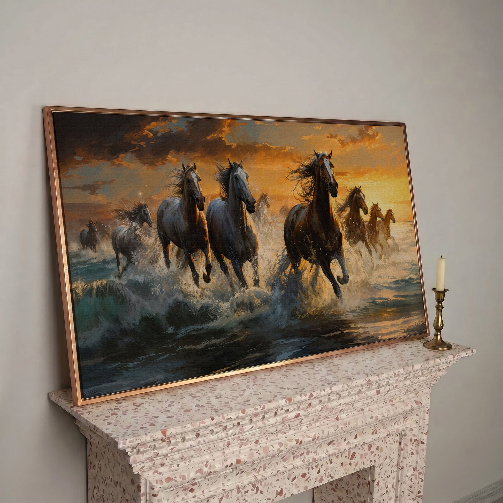 Horses Running on Beach Canvas in rose gold floating frame