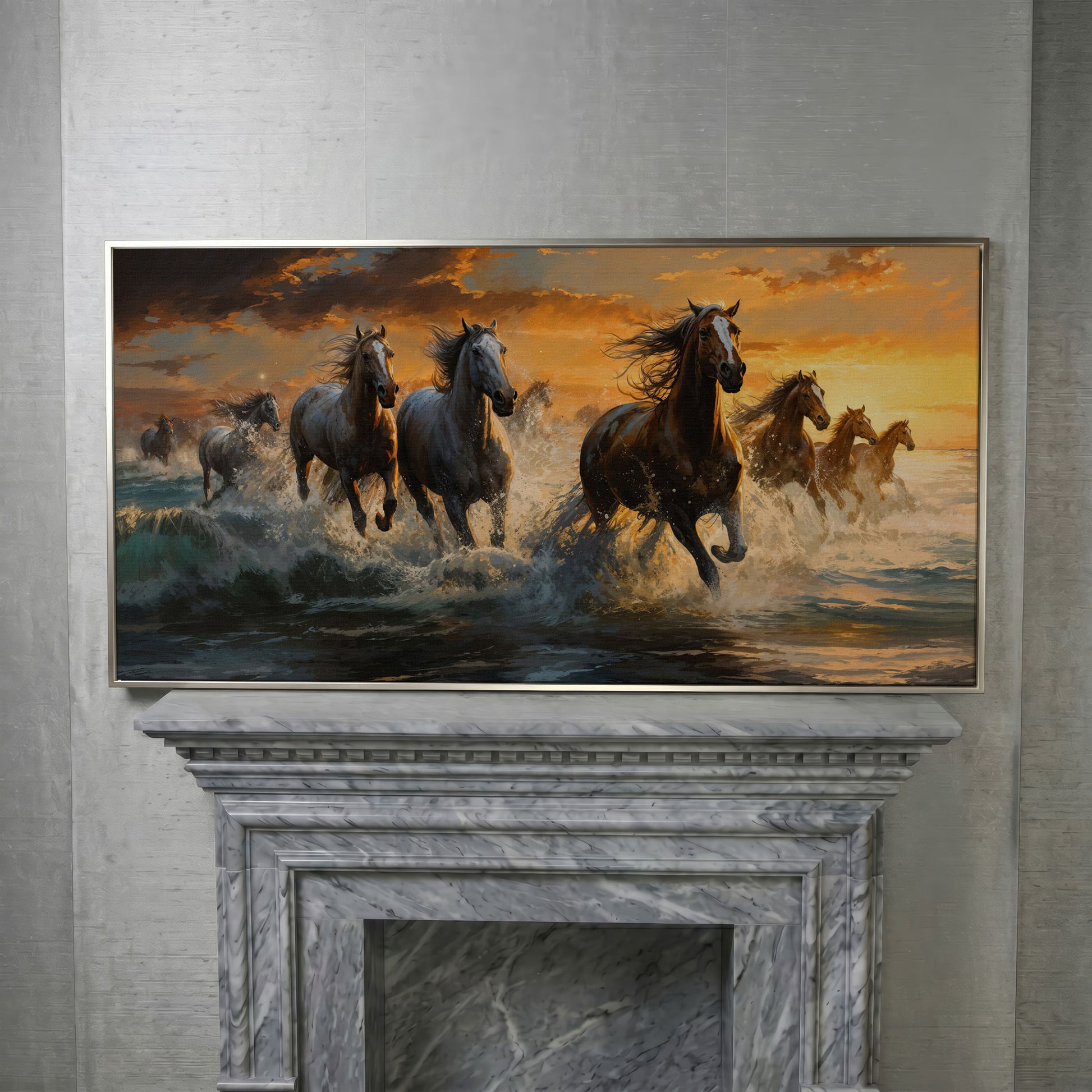 Horses Running on Beach Canvas in silver floating frame