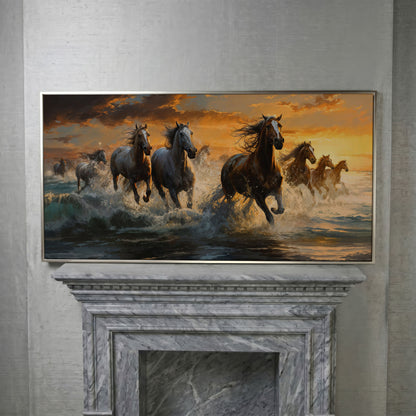 Horses Running on Beach Canvas in silver floating frame