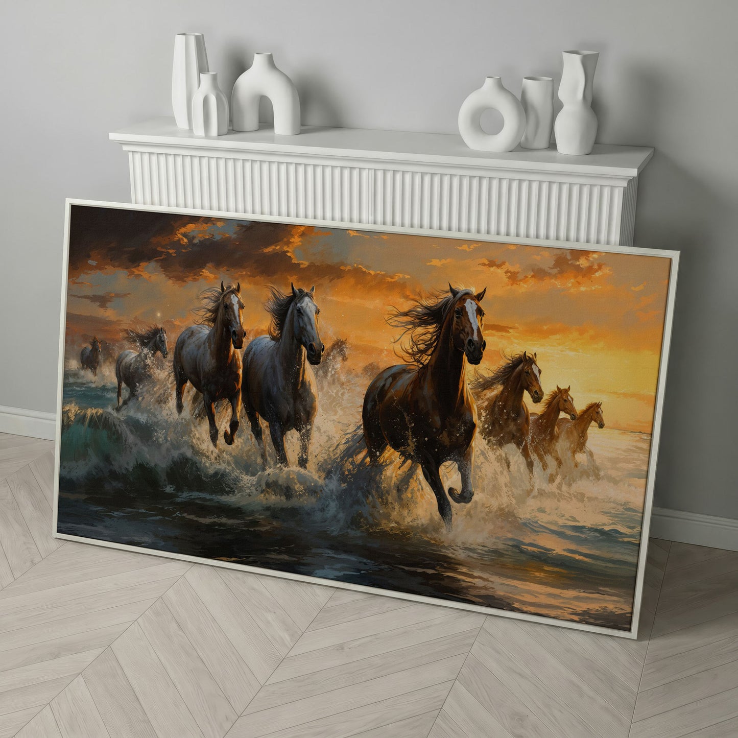 Horses Running on Beach Canvas in white floating frame