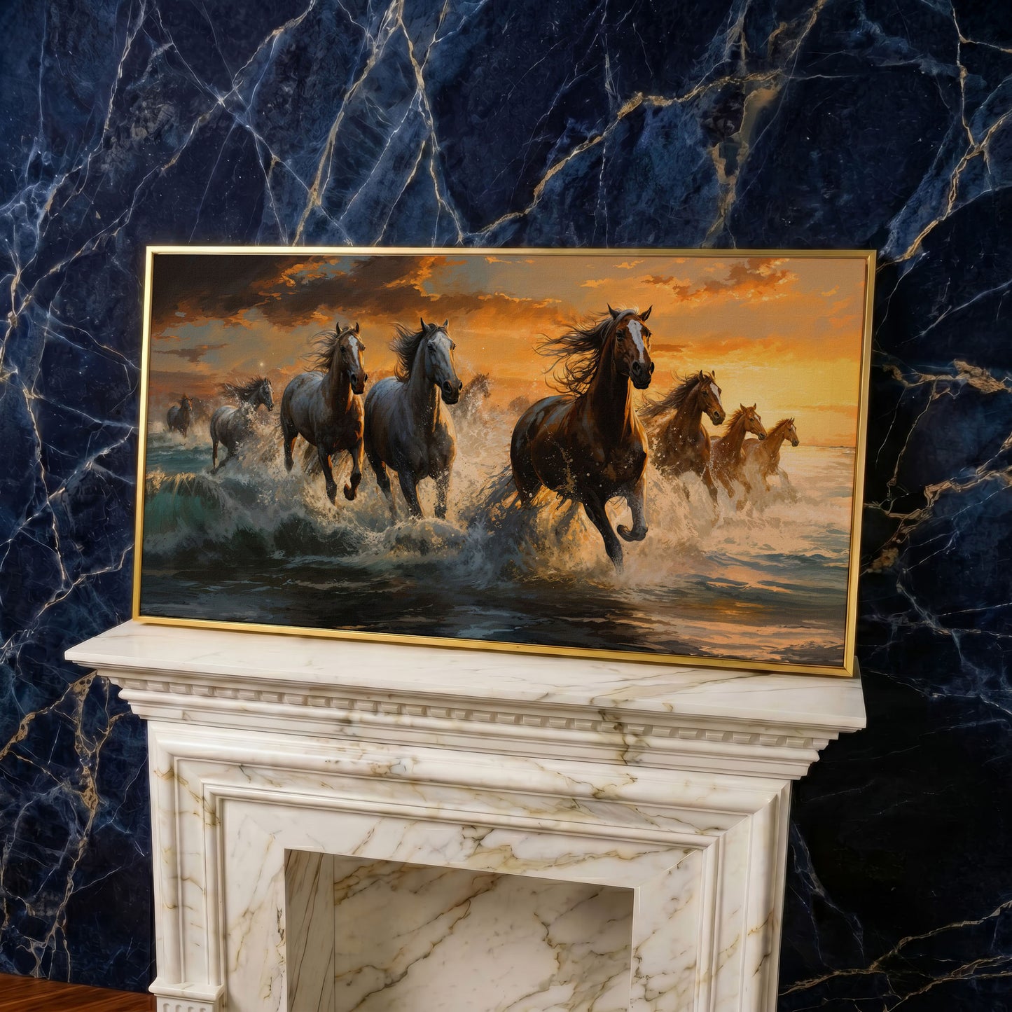 Horses Running on Beach Canvas in yellow gold floating frame