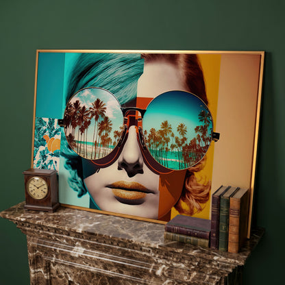 Fashion Woman with Glasses Pop Art Canvas in antique gold floating frame