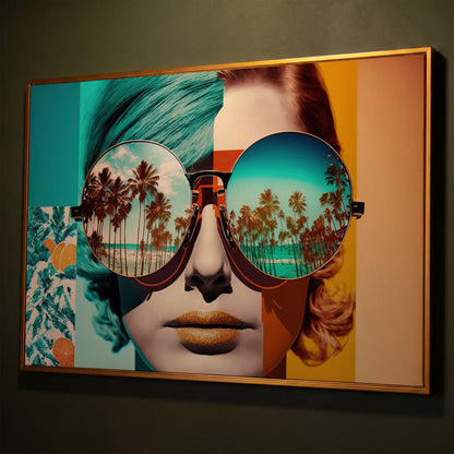 Fashion Woman with Glasses Pop Art Canvas shown in antique gold floating frame