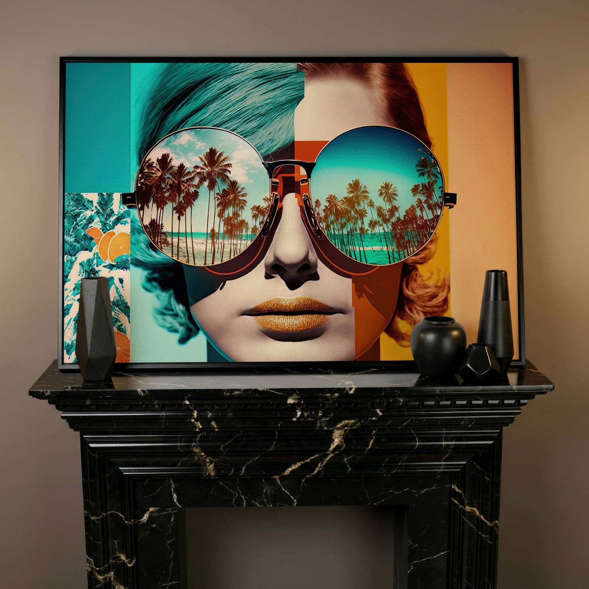 Fashion Woman with Glasses Pop Art Canvas in black floating frame