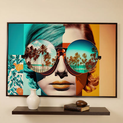 Fashion Woman with Glasses Pop Art Canvas in dark walnut floating frame