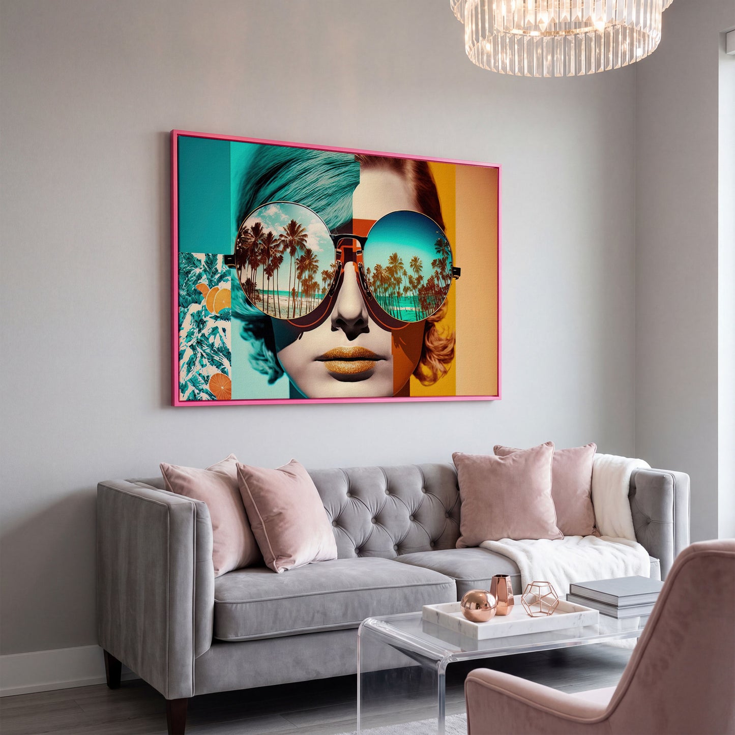 Fashion Woman with Glasses Pop Art Canvas in pink floating frame