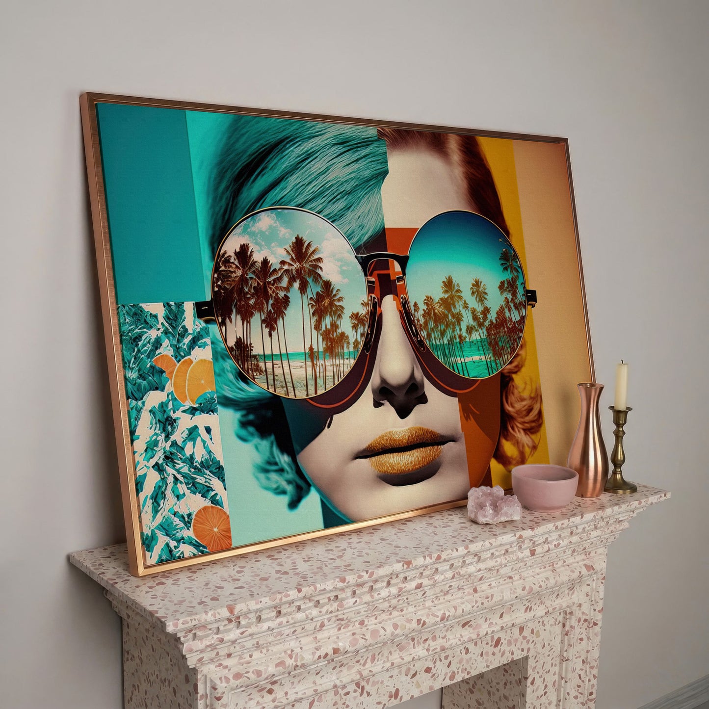Fashion Woman with Glasses Pop Art Canvas in rose gold floating frame
