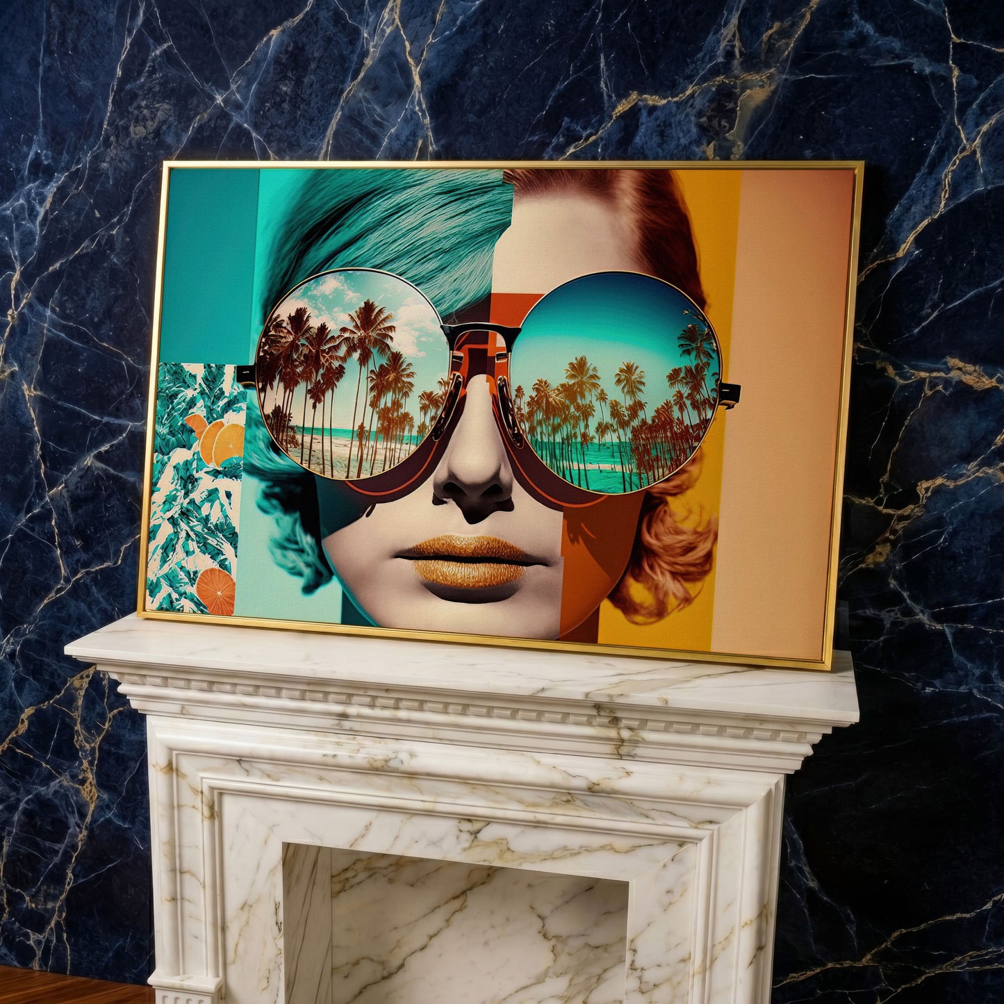 Fashion Woman with Glasses Pop Art Canvas in yellow gold floating frame