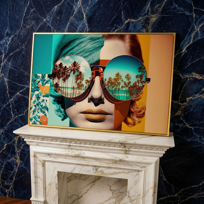 Fashion Woman with Glasses Pop Art Canvas in yellow gold floating frame