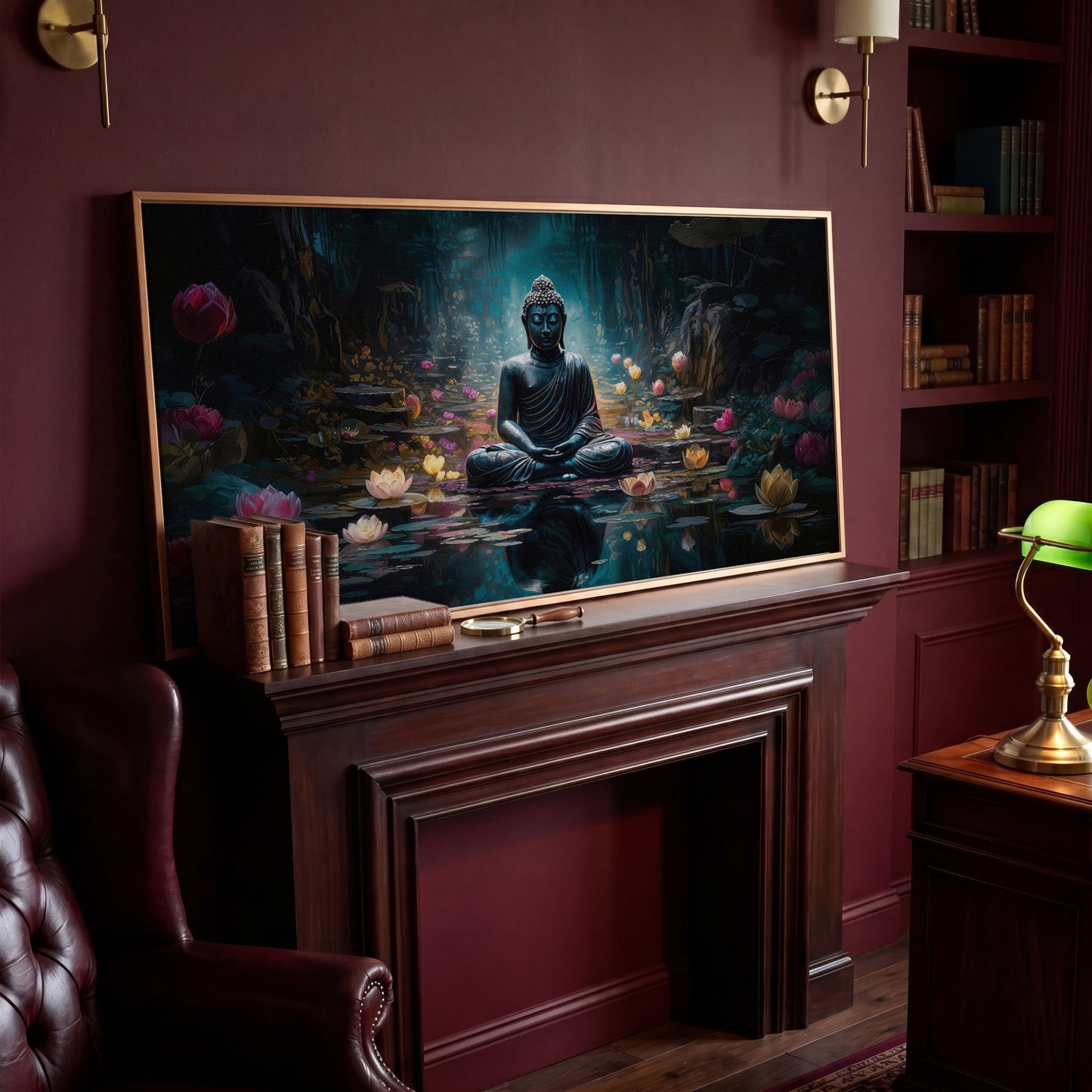 Buddha and Lotus Canvas Art, Meditation Wall Decor, Forest Reflection in antique gold floating frame