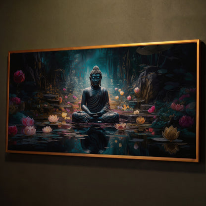 Buddha and Lotus Canvas Art, Meditation Wall Decor, Forest Reflection shown in antique gold floating frame