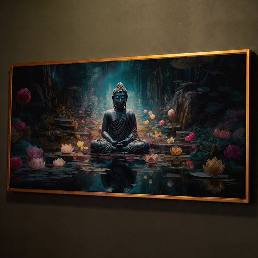 Buddha and Lotus Canvas Art, Meditation Wall Decor, Forest Reflection shown in antique gold floating frame