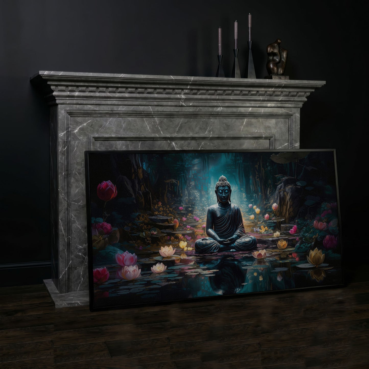 Buddha and Lotus Canvas Art, Meditation Wall Decor, Forest Reflection in black floating frame