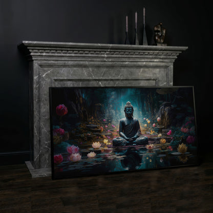 Buddha and Lotus Canvas Art, Meditation Wall Decor, Forest Reflection in black floating frame