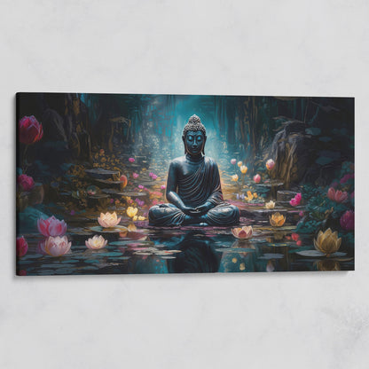 Buddha and Lotus Canvas Art, Meditation Wall Decor, Forest Reflection on gallery wrap