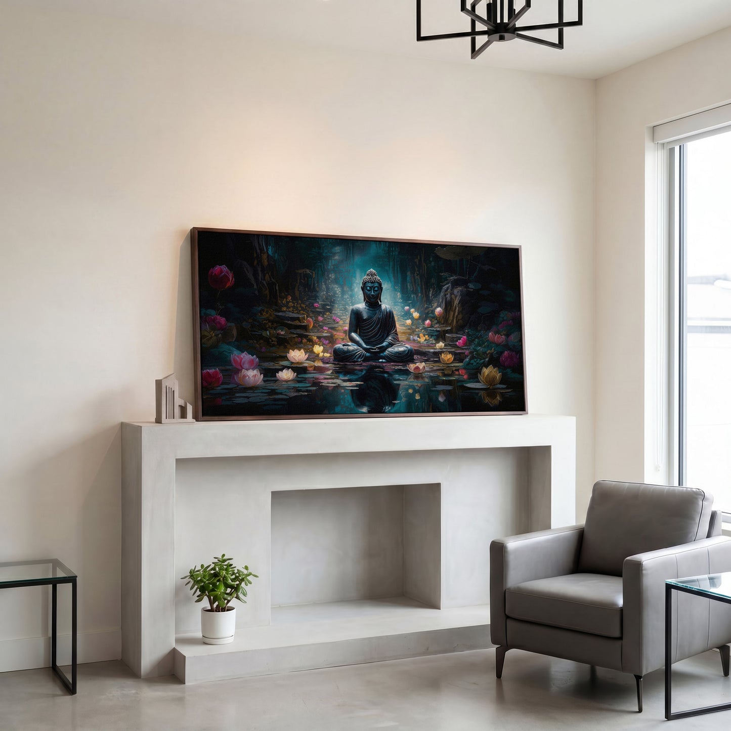 Buddha and Lotus Canvas Art, Meditation Wall Decor, Forest Reflection in dark walnut floating frame