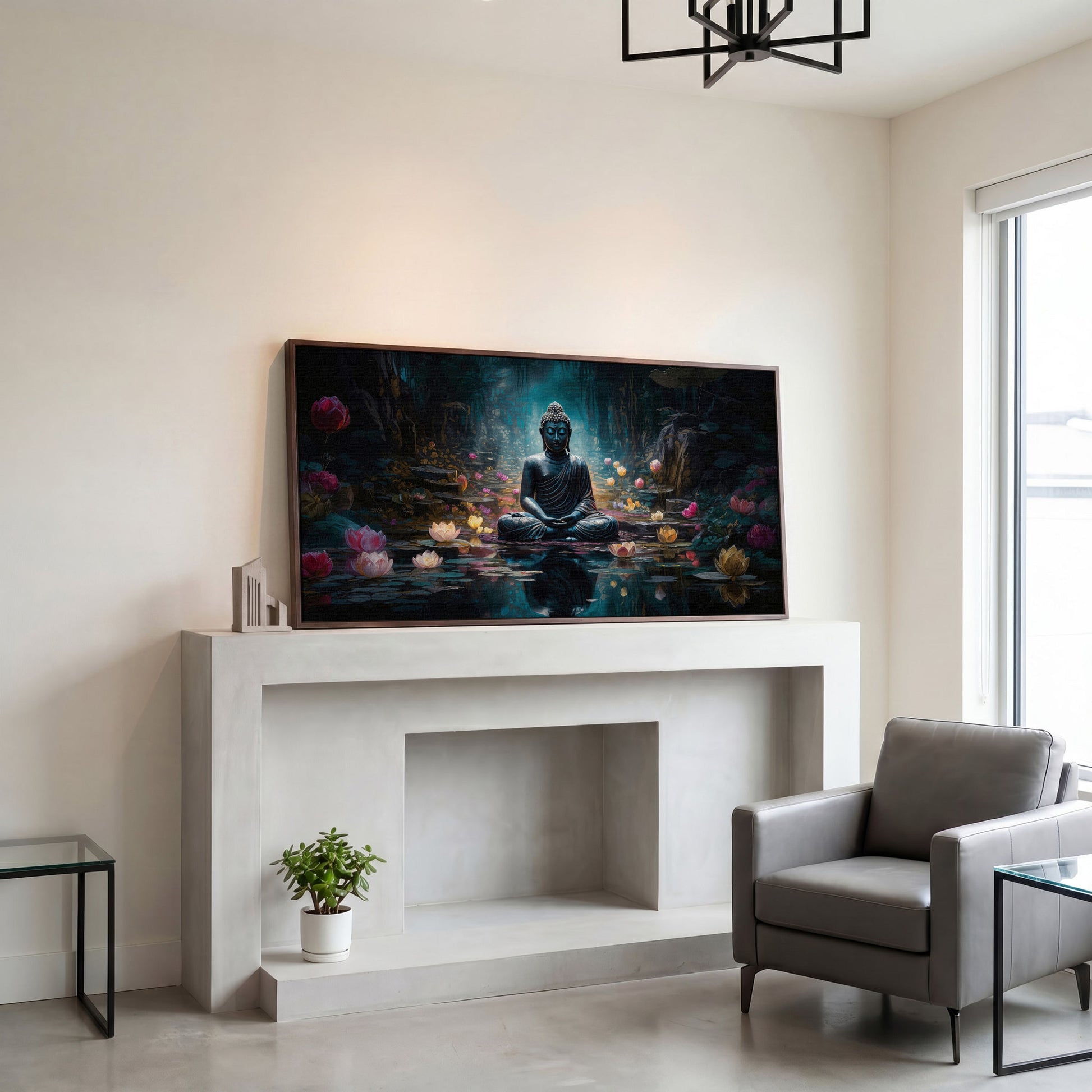 Buddha and Lotus Canvas Art, Meditation Wall Decor, Forest Reflection in dark walnut floating frame