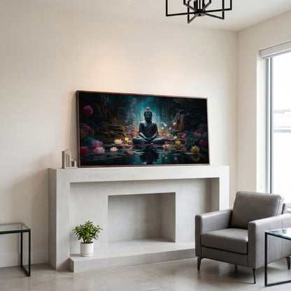 Buddha and Lotus Canvas Art, Meditation Wall Decor, Forest Reflection in dark walnut floating frame