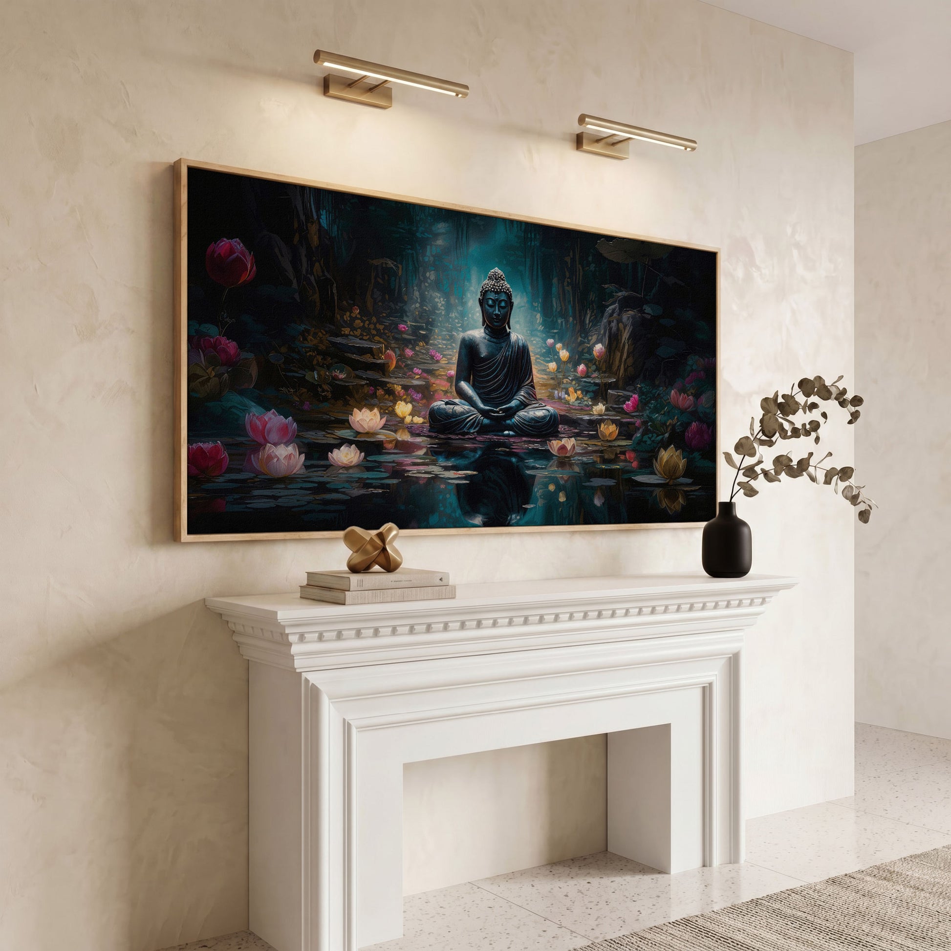 Buddha and Lotus Canvas Art, Meditation Wall Decor, Forest Reflection in white oak floating frame