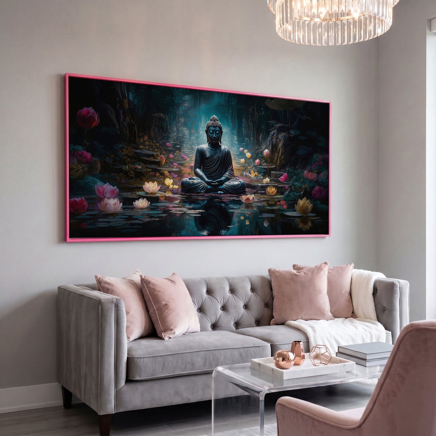 Buddha and Lotus Canvas Art, Meditation Wall Decor, Forest Reflection in pink floating frame