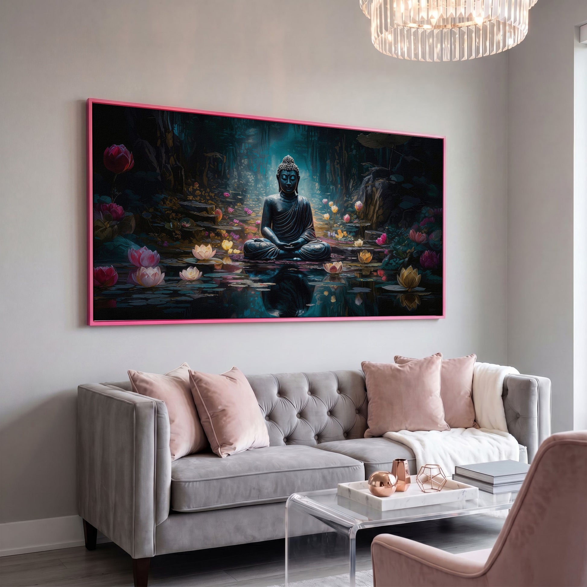 Buddha and Lotus Canvas Art, Meditation Wall Decor, Forest Reflection in pink floating frame