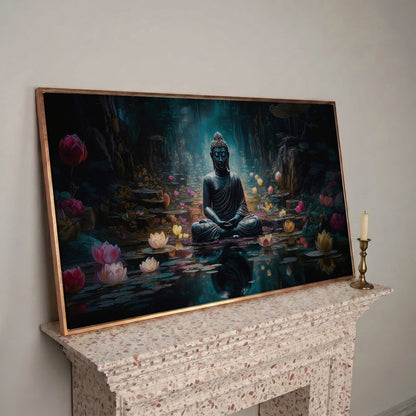 Buddha and Lotus Canvas Art, Meditation Wall Decor, Forest Reflection in rose gold floating frame