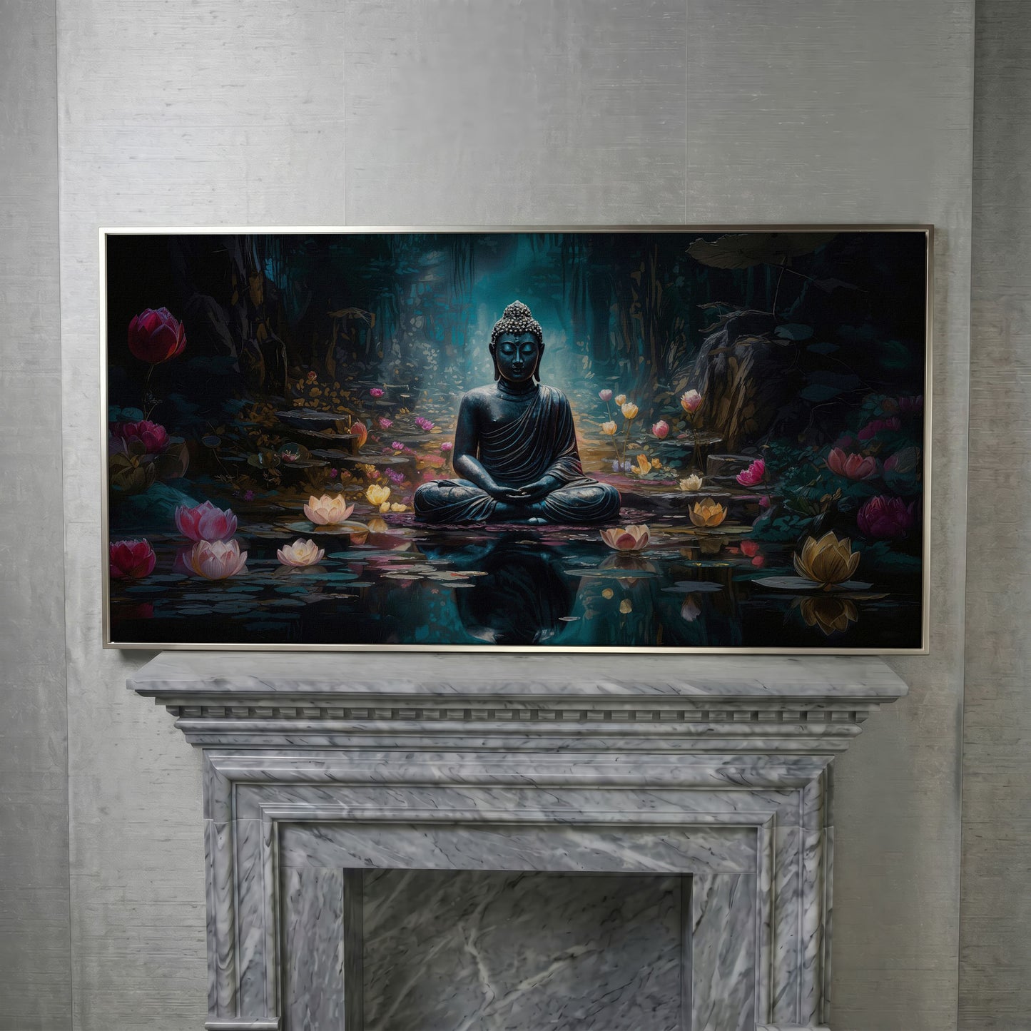 Buddha and Lotus Canvas Art, Meditation Wall Decor, Forest Reflection in silver floating frame