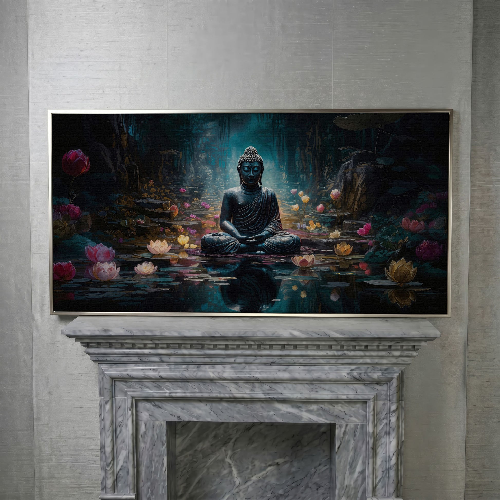 Buddha and Lotus Canvas Art, Meditation Wall Decor, Forest Reflection in silver floating frame