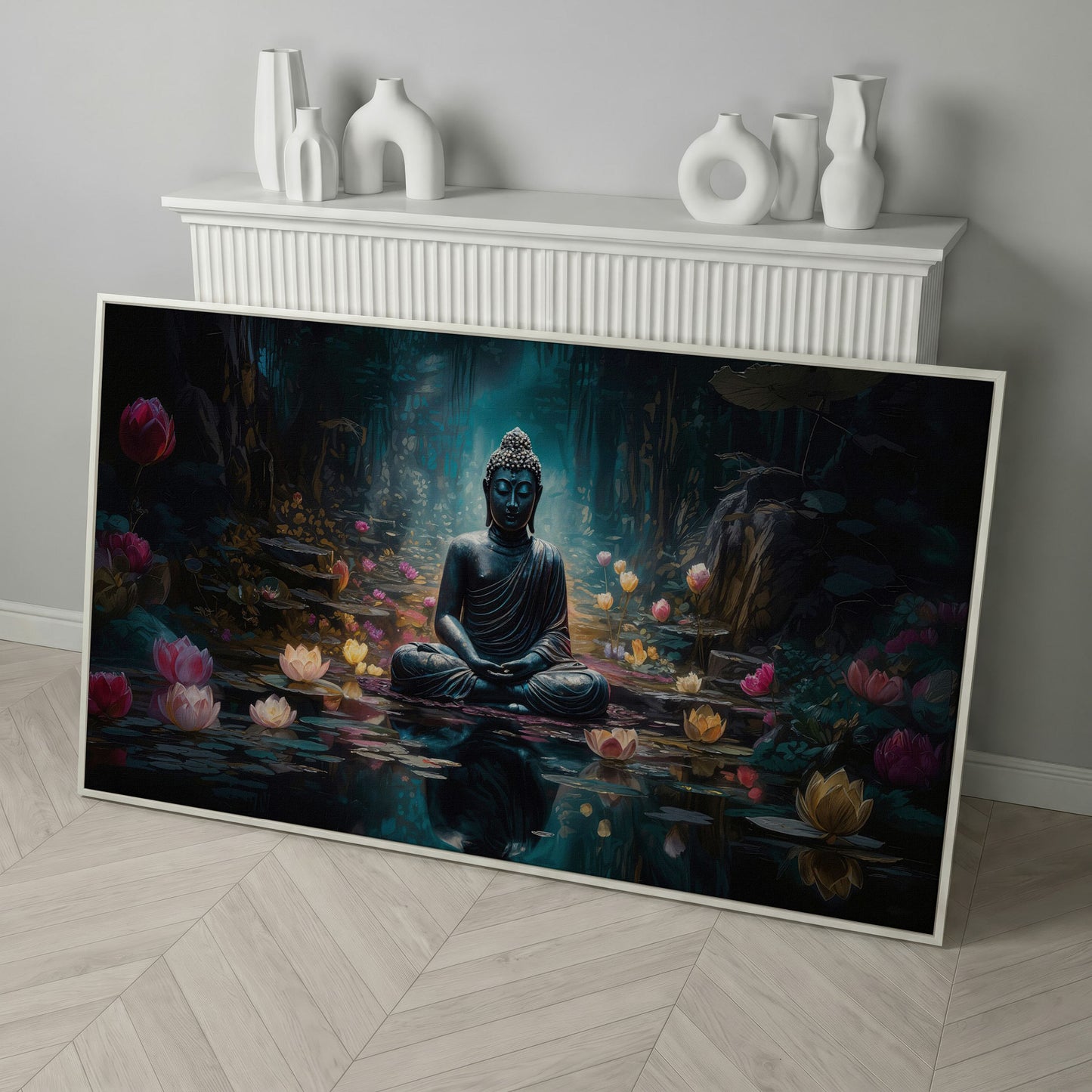 Buddha and Lotus Canvas Art, Meditation Wall Decor, Forest Reflection in white floating frame