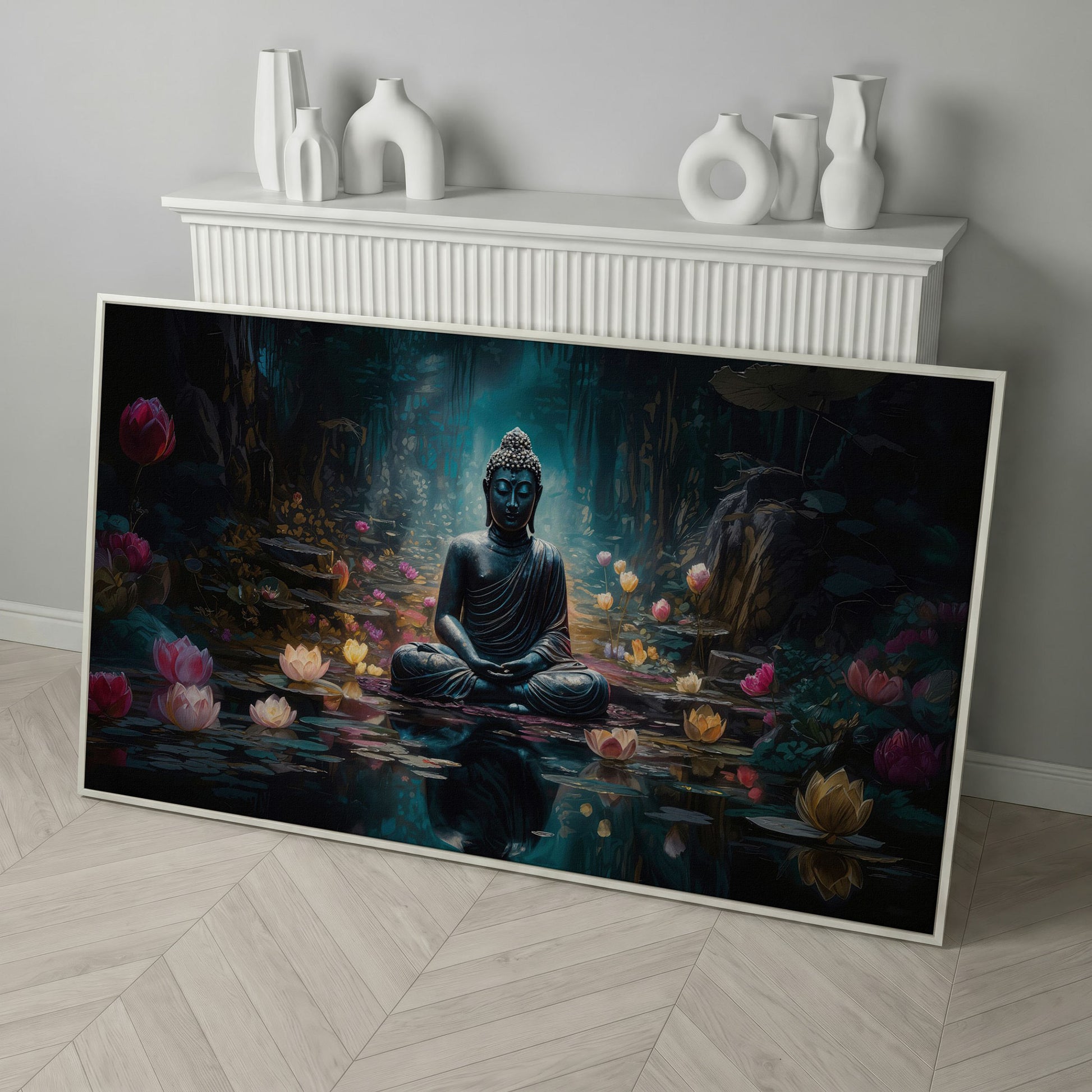 Buddha and Lotus Canvas Art, Meditation Wall Decor, Forest Reflection in white floating frame