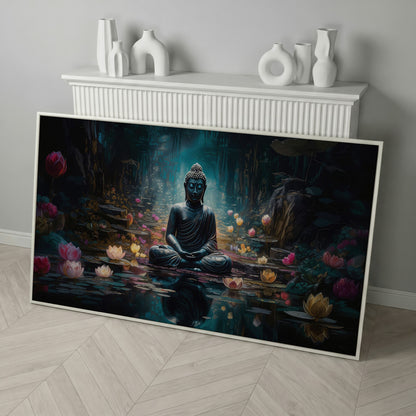 Buddha and Lotus Canvas Art, Meditation Wall Decor, Forest Reflection in white floating frame