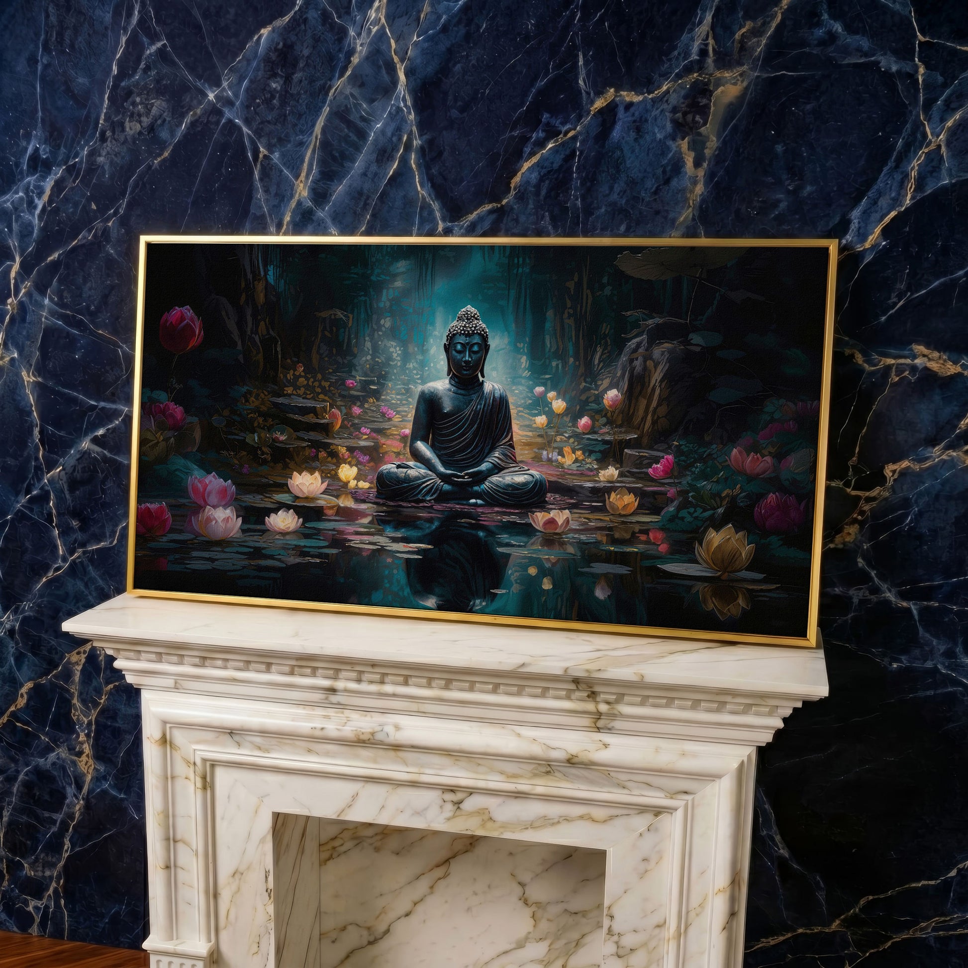 Buddha and Lotus Canvas Art, Meditation Wall Decor, Forest Reflection in yellow gold floating frame