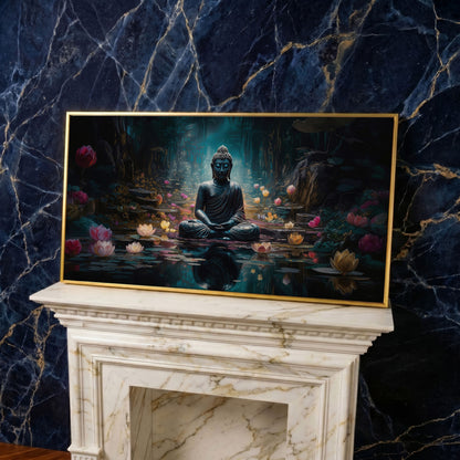 Buddha and Lotus Canvas Art, Meditation Wall Decor, Forest Reflection in yellow gold floating frame
