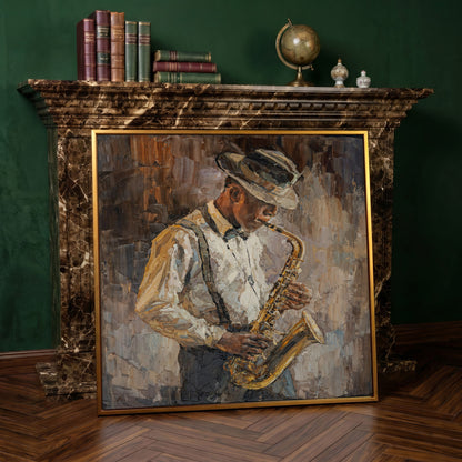 Abstract Jazzman Plays Saxophone Canvas in antique gold floating frame