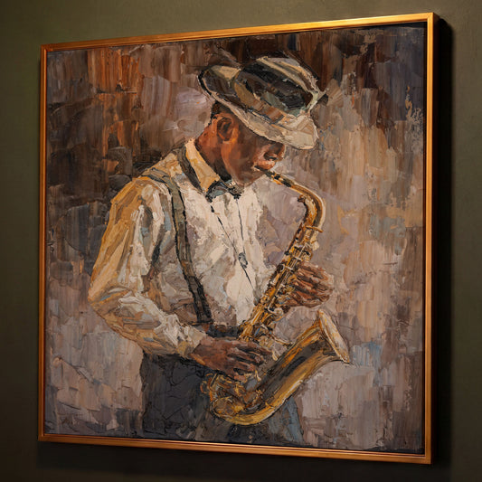 Abstract Jazzman Plays Saxophone Canvas shown in antique gold floating frame