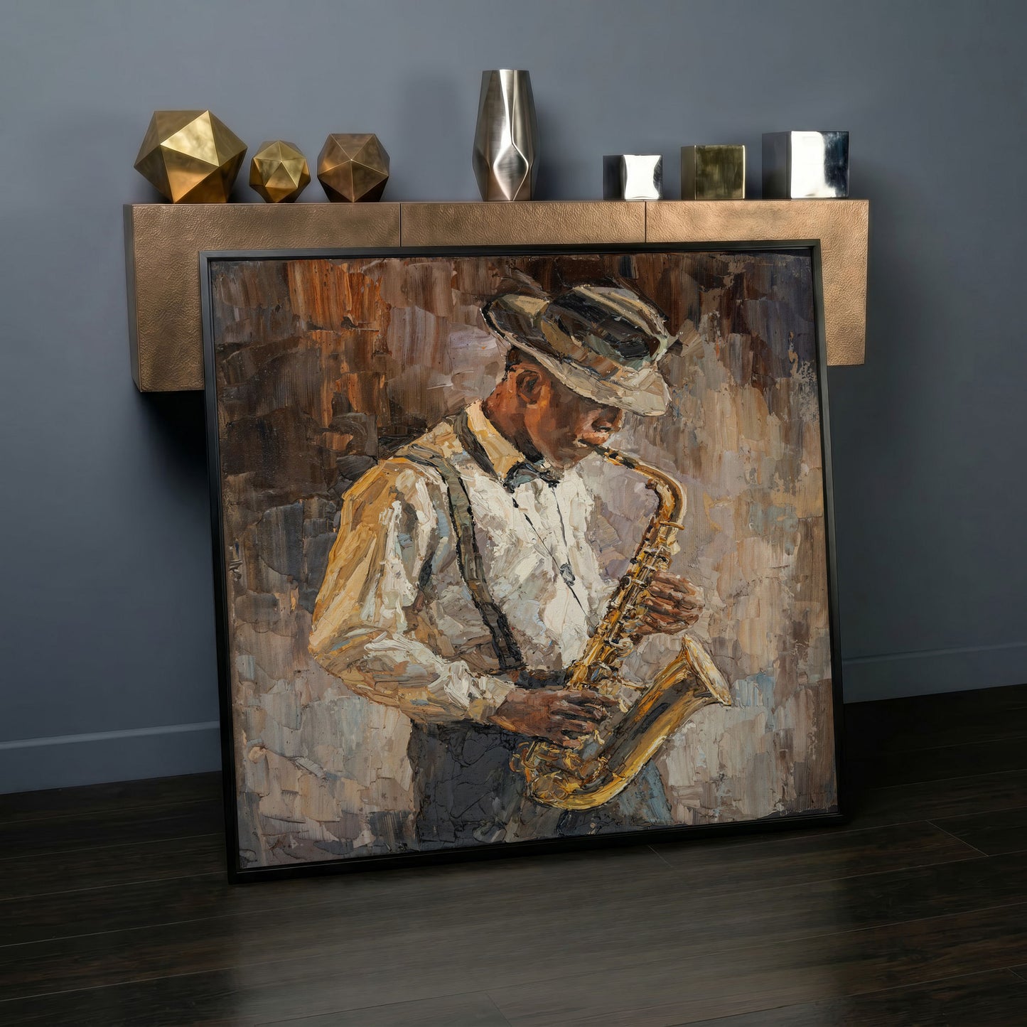 Abstract Jazzman Plays Saxophone Canvas in black floating frame