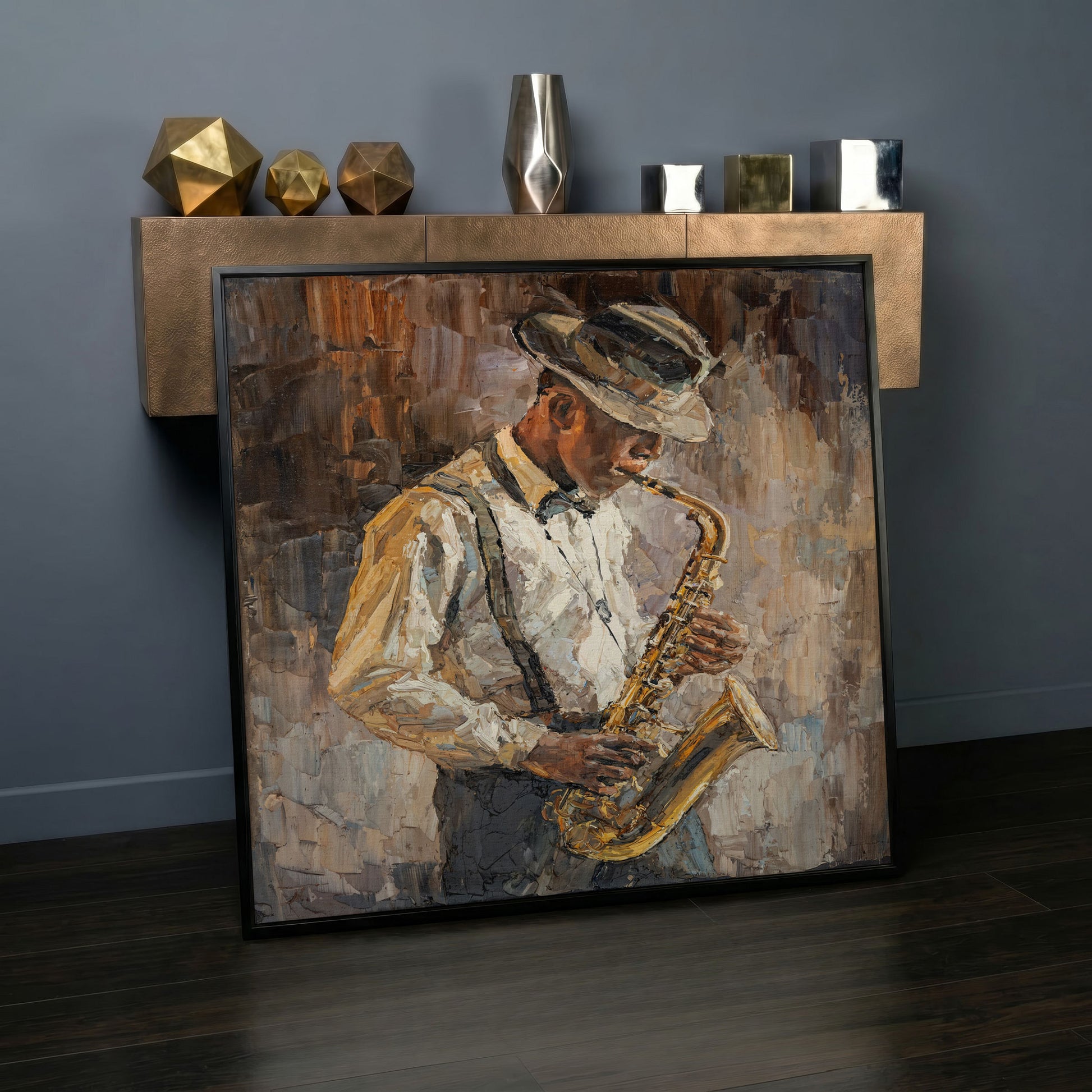Abstract Jazzman Plays Saxophone Canvas in black floating frame