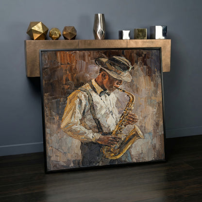 Abstract Jazzman Plays Saxophone Canvas in black floating frame