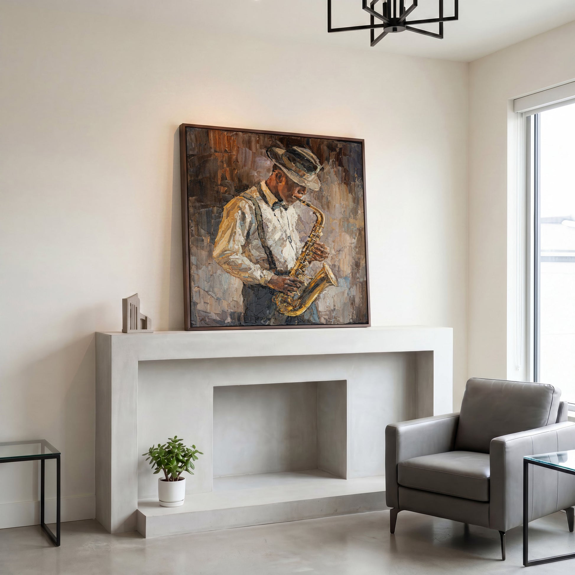 Abstract Jazzman Plays Saxophone Canvas in dark walnut floating frame