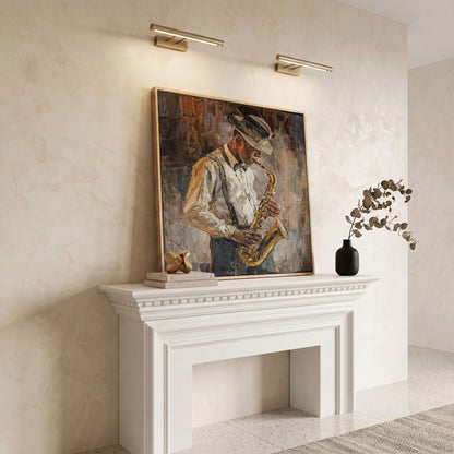 Abstract Jazzman Plays Saxophone Canvas in white oak floating frame
