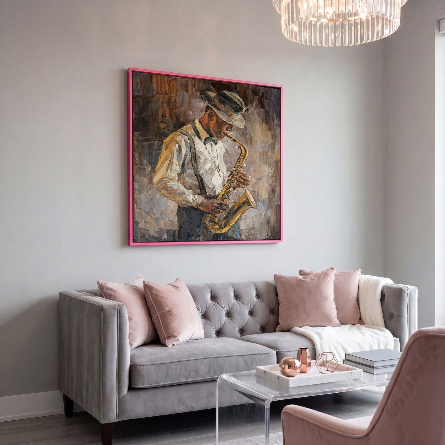 Abstract Jazzman Plays Saxophone Canvas in pink floating frame