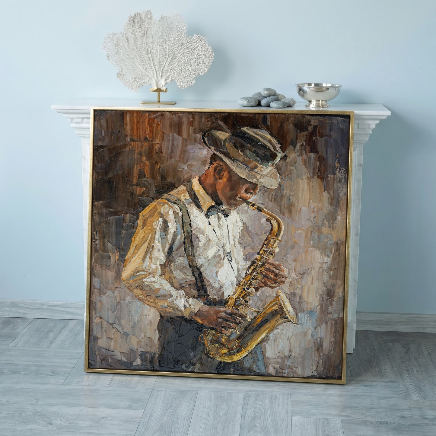 Abstract Jazzman Plays Saxophone Canvas in rose gold floating frame