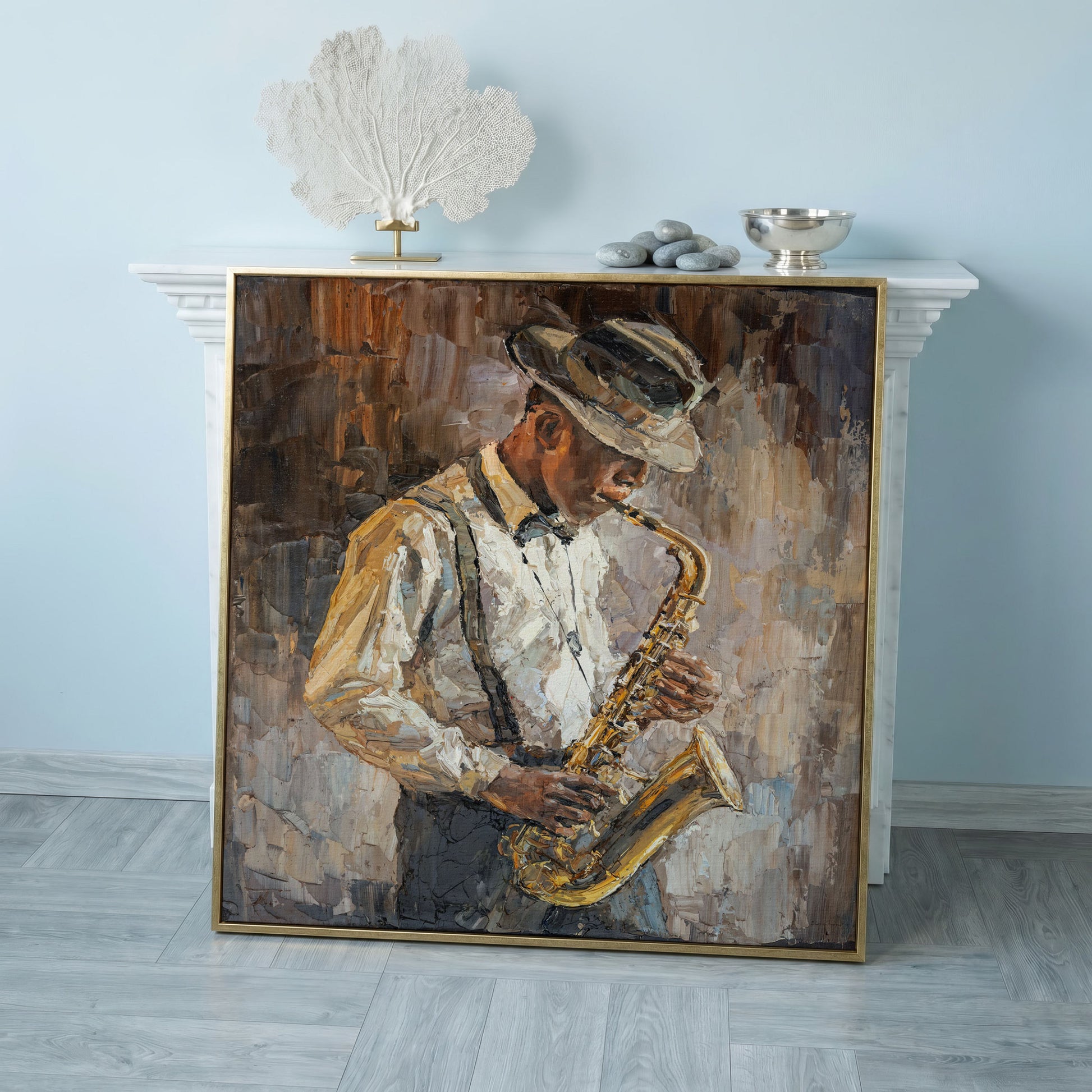 Abstract Jazzman Plays Saxophone Canvas in rose gold floating frame