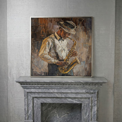 Abstract Jazzman Plays Saxophone Canvas in silver floating frame