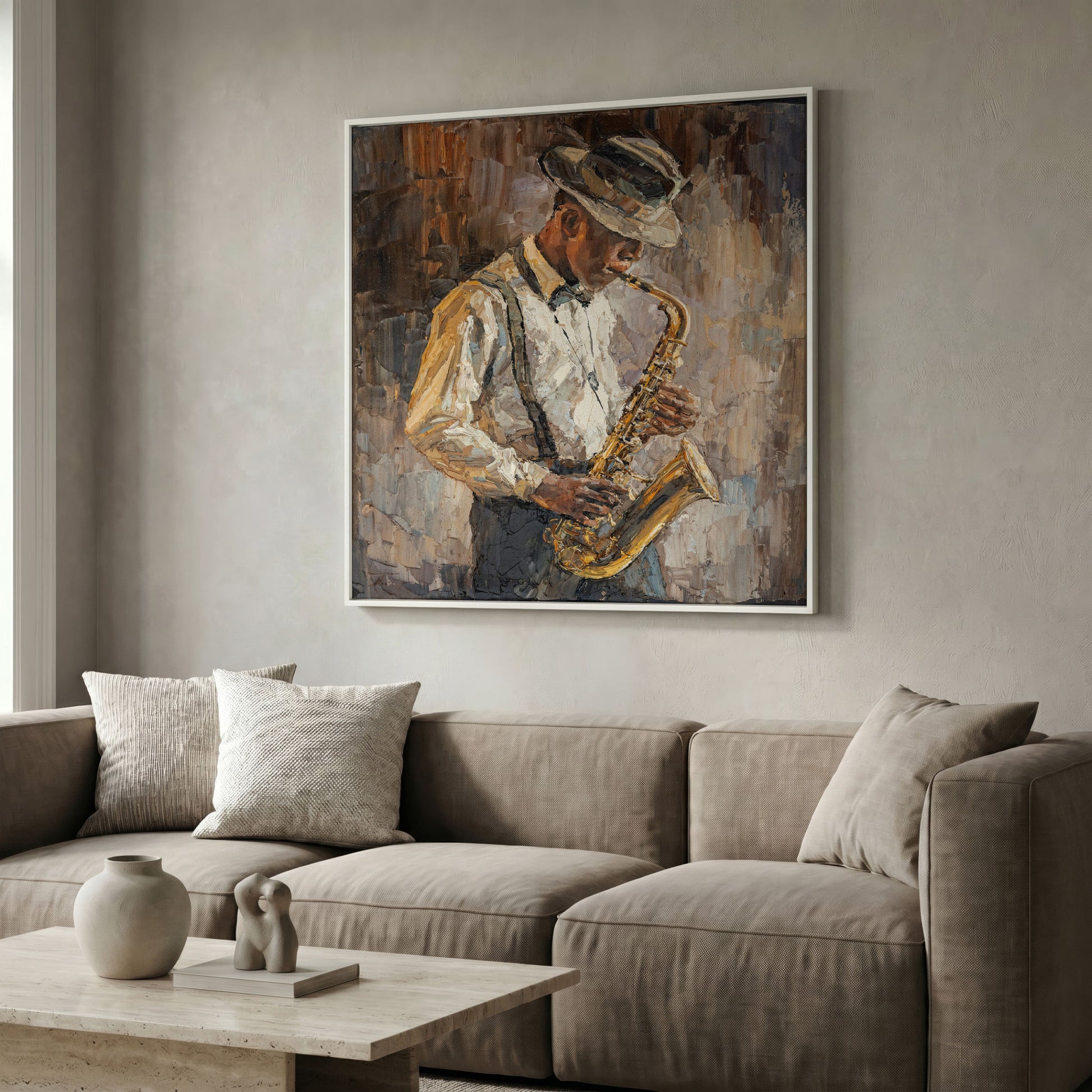 Abstract Jazzman Plays Saxophone Canvas in white floating frame