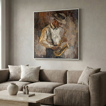 Abstract Jazzman Plays Saxophone Canvas in white floating frame