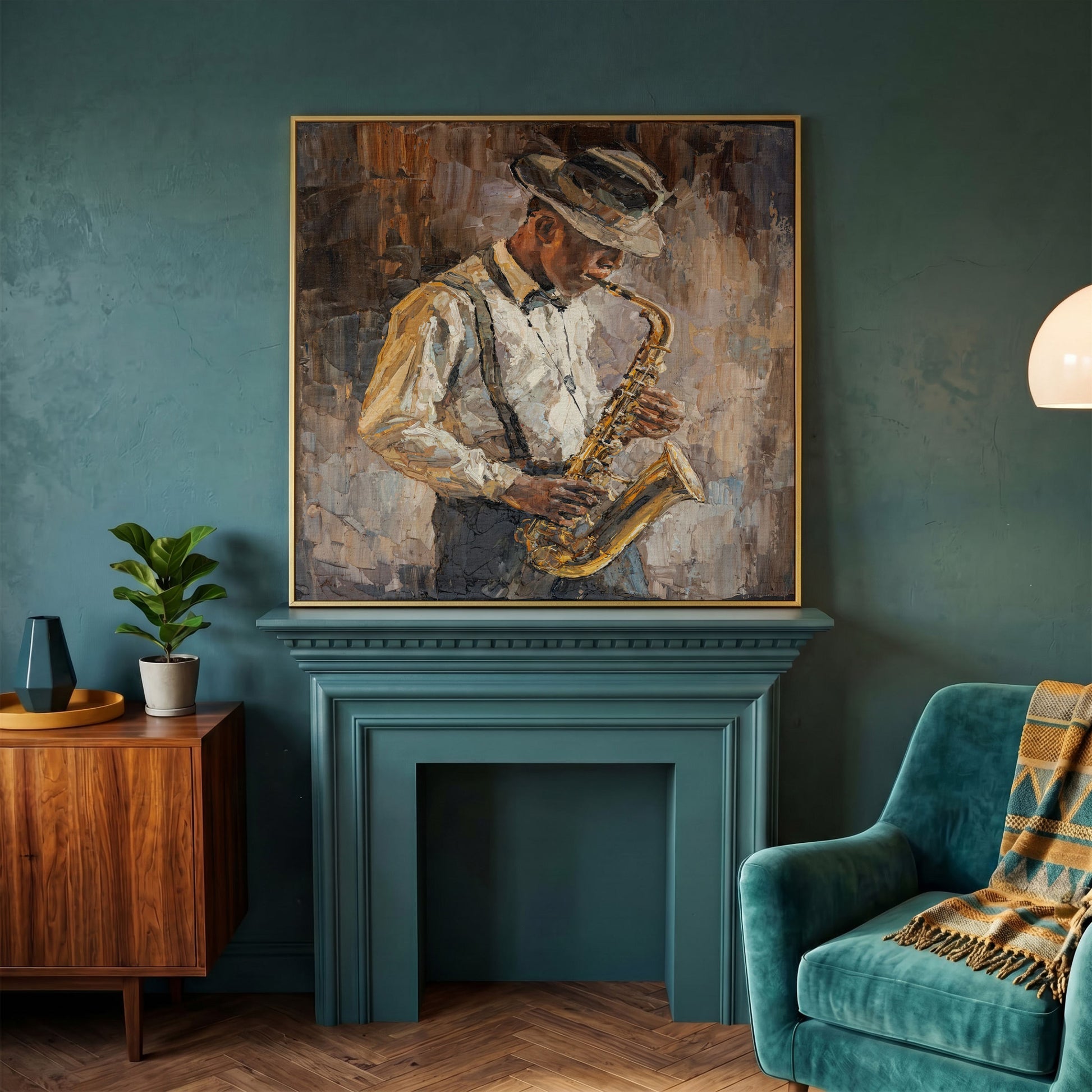 Abstract Jazzman Plays Saxophone Canvas in yellow gold floating frame
