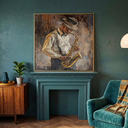 Abstract Jazzman Plays Saxophone Canvas in yellow gold floating frame